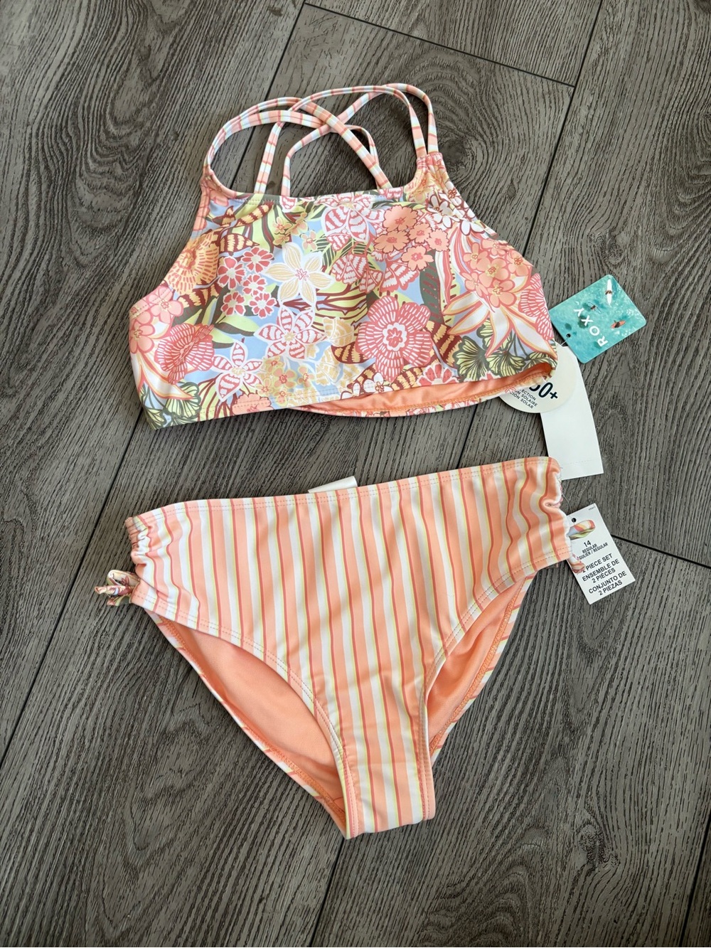 Roxy girls Floral & Striped Two-Piece Bikini Set - Peach Multicolor